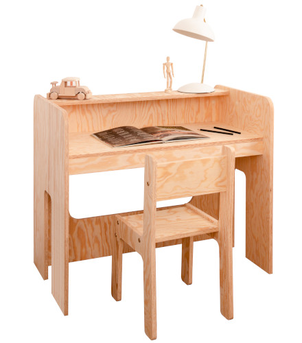 Drewniane biurko i krzesełko dla dziecka ze sklejki sosnowej w kolorze naturalnego drewna